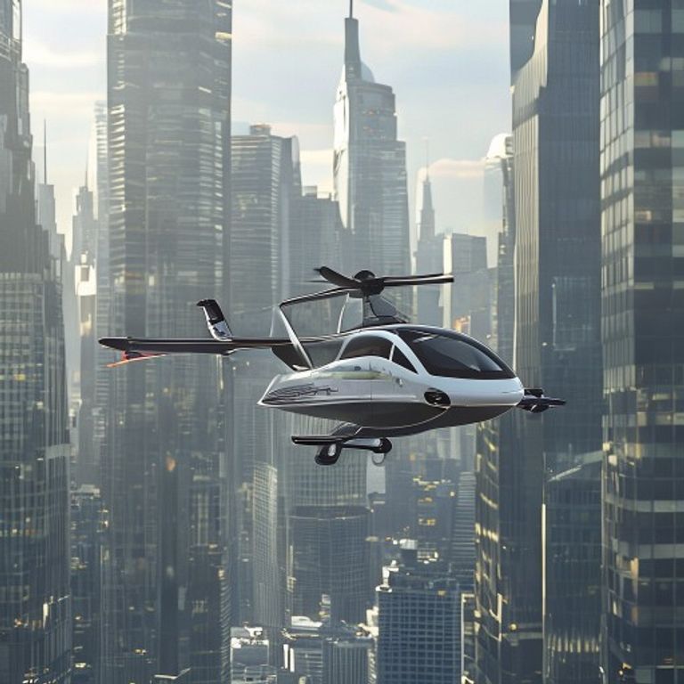 Electric eVTOL air taxi flying between skyscrapers in an urban air mobility network