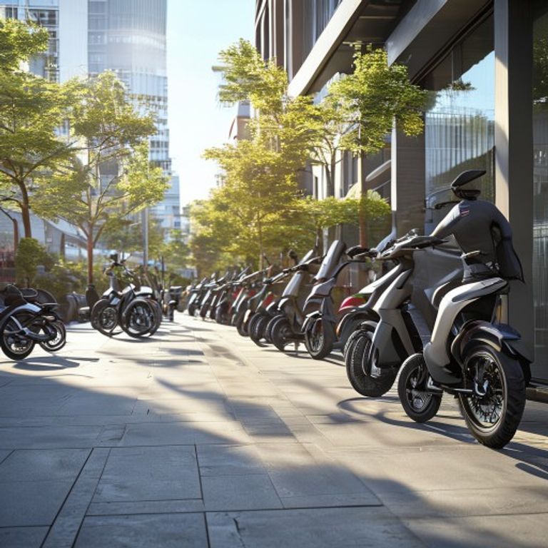 Shared electric scooters and e-bikes parked on a city sidewalk for last-mile micromobility