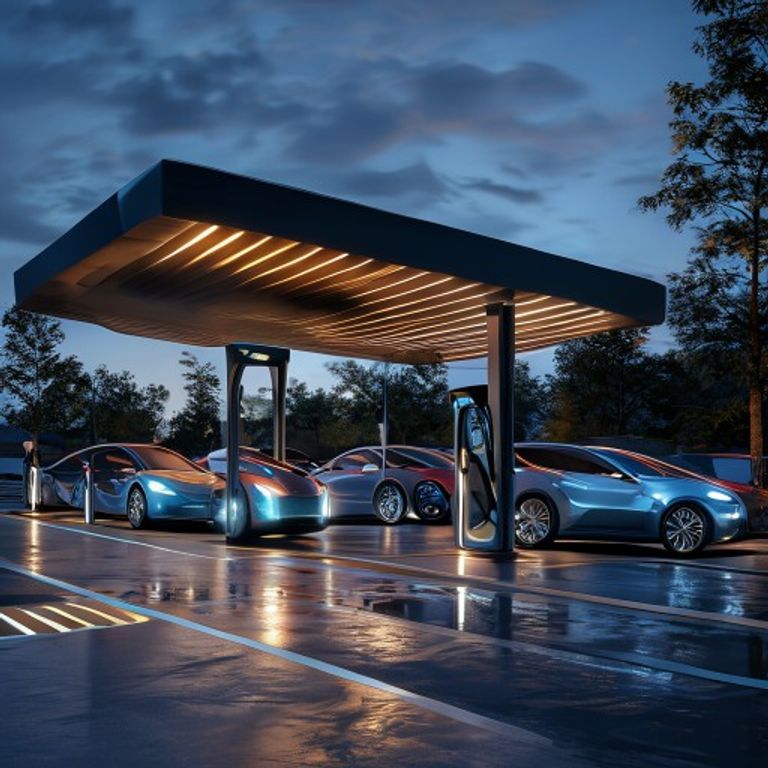 Electric vehicles charging at a sleek ultra-fast charging station